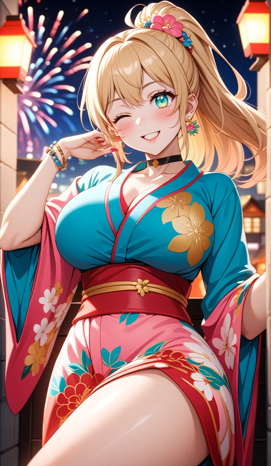 ((One personの女性)), Beautiful Face,Laughing embarrassedly,((one eye closed:2.0)),Laugh with your mouth wide open((Bright red cheeks:1.4)),Glossy pink lips,night,rooftop,Festive decorations,You can see the ocean, firework,Laughing with your mouth open,Glossy pink lips,Lighting on the face,((Anime style background)),masterpiece, Highest quality, so beautiful,Latest, Complex details, (Pink long nails),(ring),(bracelet),(choker),AI-generated, Complex,High resolution, Highest quality, super high quality,3D Images、View your viewers、3D Images,One person,Long blonde hair,High Ponytail,(Turquoise Eyes),Anime woman posing for a photo, ((Fine grain、Colorful Eyes、Shining Eyes:1.4)),(Squint your eyes:1.1),a hyperRealistic , hyperRealistic , Realistic,Anime woman with long and white hair, Smooth anime CG art, A woman in a colorful kimono with gold embroidery, (Pink long sleeve kimono),Red floral pattern,Long flower hair ornament,big floral earrings,Mature Body,(Big Breasts:1.1),Tall,Abdominal muscles,Narrow waist,(Zoom in on face:1.7),Shooting from below at an angle