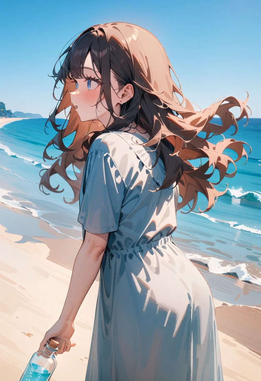 masterpiece, best quality, very aesthetic, absurdres, newest, 1girl, solo, young, brown hair, wavy hair, long hair, blue eyes, looking forward, hopeful yet anxious expression, casual clothing, standing, side view, sandy beach, clear sky, gentle sea waves, message in a bottle, sunny day
