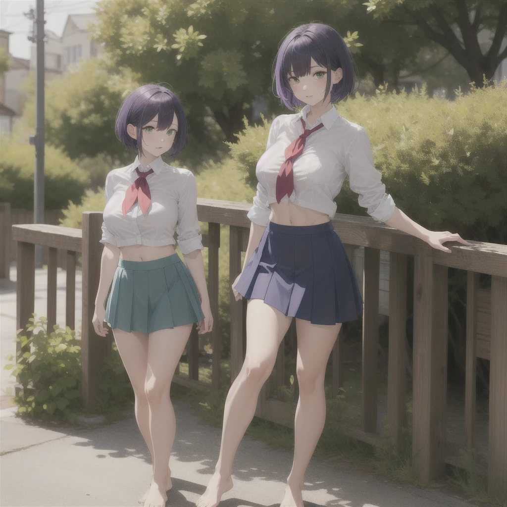 masterpiece, best quality, green eyes, deiailed eyes, purple hair, short hair, two sides up, big breasts, blue skirt, unbuttoned shirt, abs, bare feet, white collared shirt, red neckerchief, standing, outdoors,