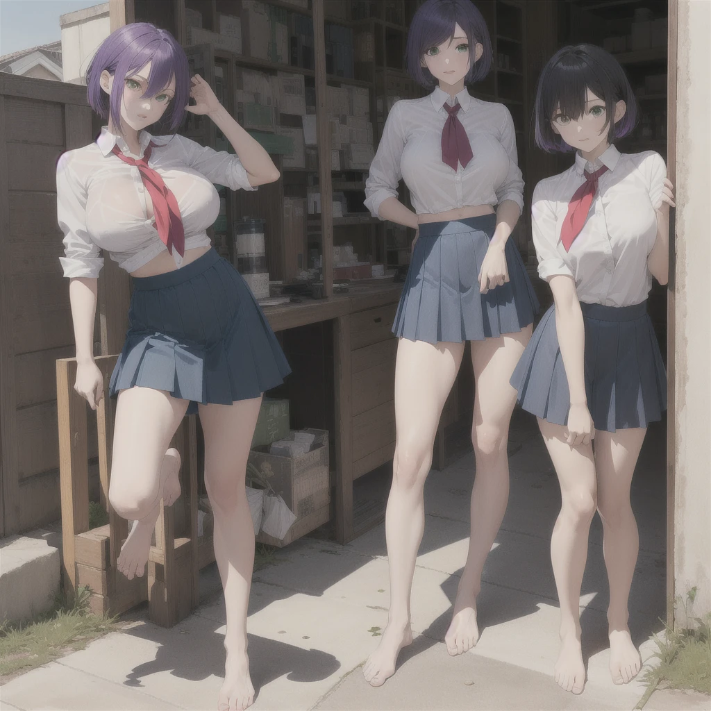 masterpiece, best quality, green eyes, deiailed eyes, purple hair, short hair, two sides up, big breasts, blue skirt, unbuttoned shirt, abs, bare feet, white collared shirt, red neckerchief, standing, outdoors, 