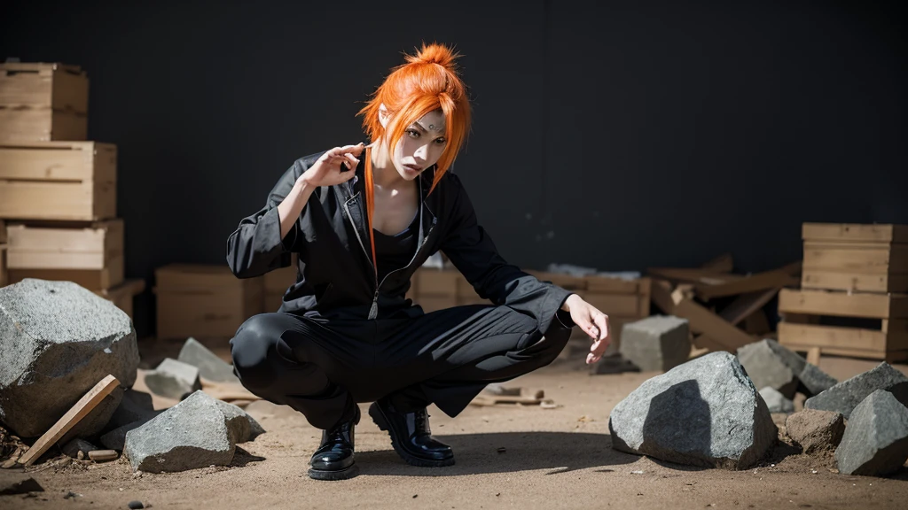 anime role play with orange hair and a black outfit posing for a picture, anime role play, pain From Naruto, role play photo, role player, professional role play, The Joker as Naruto, Ichigo kurosaki, role play, hot topic Comic-Con, Anime Characters; Full body art, Ichigo, From Naruto, full-role play, Comic-Con, Anime Characters, Badass Pose,The environment has stones,There are small stones in the air,Collapsed house with wooden surroundings
