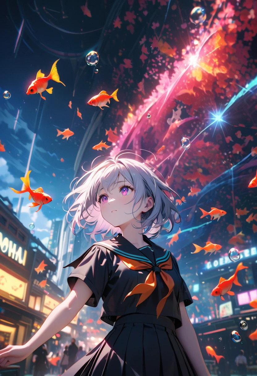 (female\(student, age of 15, JK, short hair, silver hair, floating hair, cosmic colored eyes, black color sailor uniform\(of high school\), pale skin, tired face, no shine in the eyes\) is looking up at the sky), (so many goldfish are swimming in the air), beautiful sky, beautiful clouds, summery colorful flowers are blooming here and there, (crystal clear bubbles are shining prism here and there in the sky), the noonday moon and noonday stars in the sky, female is at messy downtown, BREAK ,quality\(8k,wallpaper of extremely detailed CG unit, masterpiece,hight resolution,top-quality,top-quality real texture skin,hyper realisitic,increase the resolution,RAW photos,best qualtiy,highly detailed,the wallpaper,cinematic lighting,ray trace,golden ratio\),(long shot),wide shot,