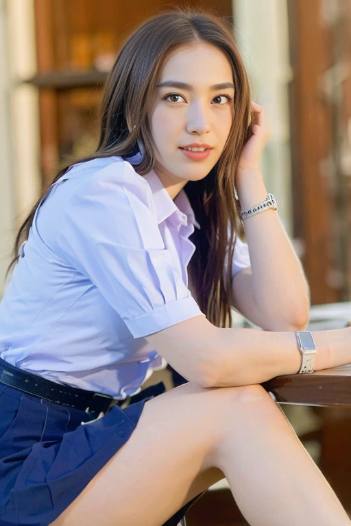 (masterpiece, best quality:1.2), 1girl, Beautiful girl wearing a , ((thai school uniform)), (posing sitting with legs dangling on the edge of a table, facing the camera, hands crossed behind her back), in a wooden house, morning,  There's little light.