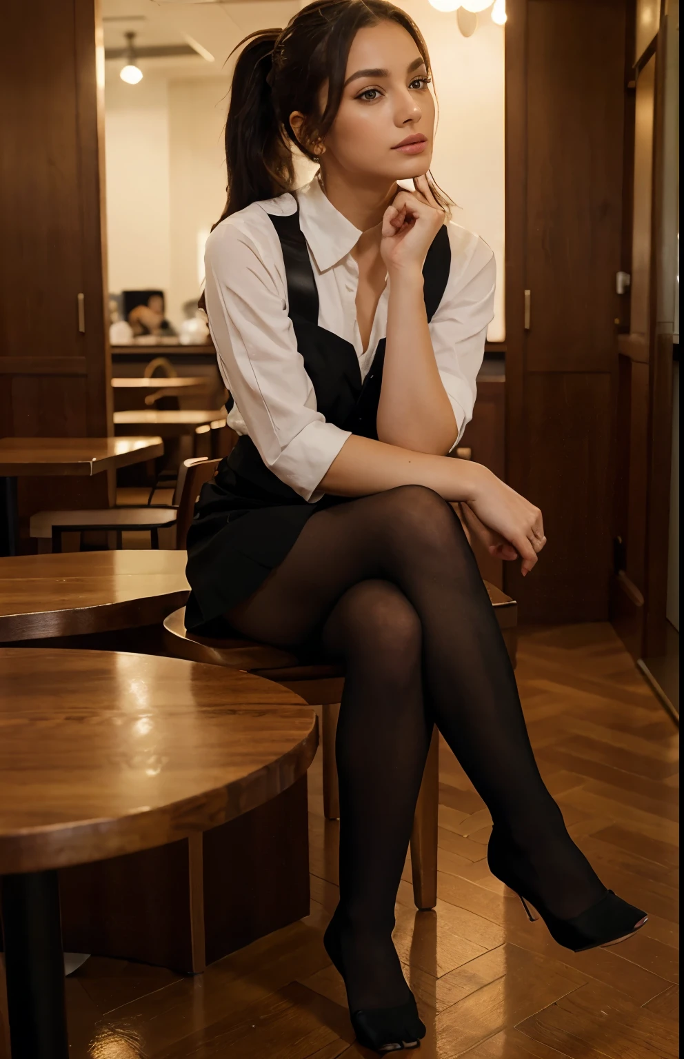 1girl, Solo, 30 years old spanish woman, decent looking, elegant makeup, red nails,black 1 ponytail hairs, brown eyes,waitress uniform,black thick woolen pantyhose, without shoes, sitting on table, exposing feet, restaurant photography, Photography, 8k, Masterpiece, show feet, Full Body Shooting, Top Quality, Fine Pore, Realistic, Photorealistic, Ultra Detailed