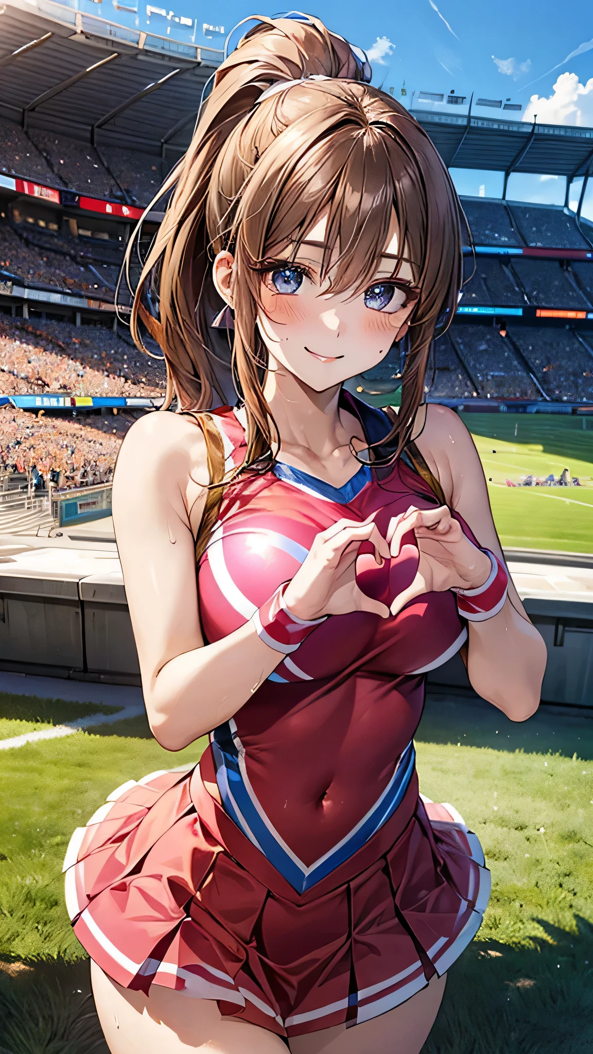 ((Highest quality)), ((High resolution)), ((masterpiece)), (detailed), (photograph),
Show Viewer, Cowboy Shot, Written boundary depth, Anatomically correct, Mature Woman, Perfect Face, Cute and symmetrical face, Shiny skin,
(ponytail, Light Brown Hair), Hair between the eyes, blue eyes, Long eyelashes, (Big Breasts:0.9),
Beautiful Hair, Beautiful Face, Beautiful details, Beautiful clavicle, Beautiful body, Beautiful breasts, Beautiful armpits, Beautiful thighs, Beautiful legs,
(Shiny pink cheerleader uniform), ((Making a heart with hands)), Sweat,
(Beautiful views), evening, court, Stadium, grass, (Cute Smile),