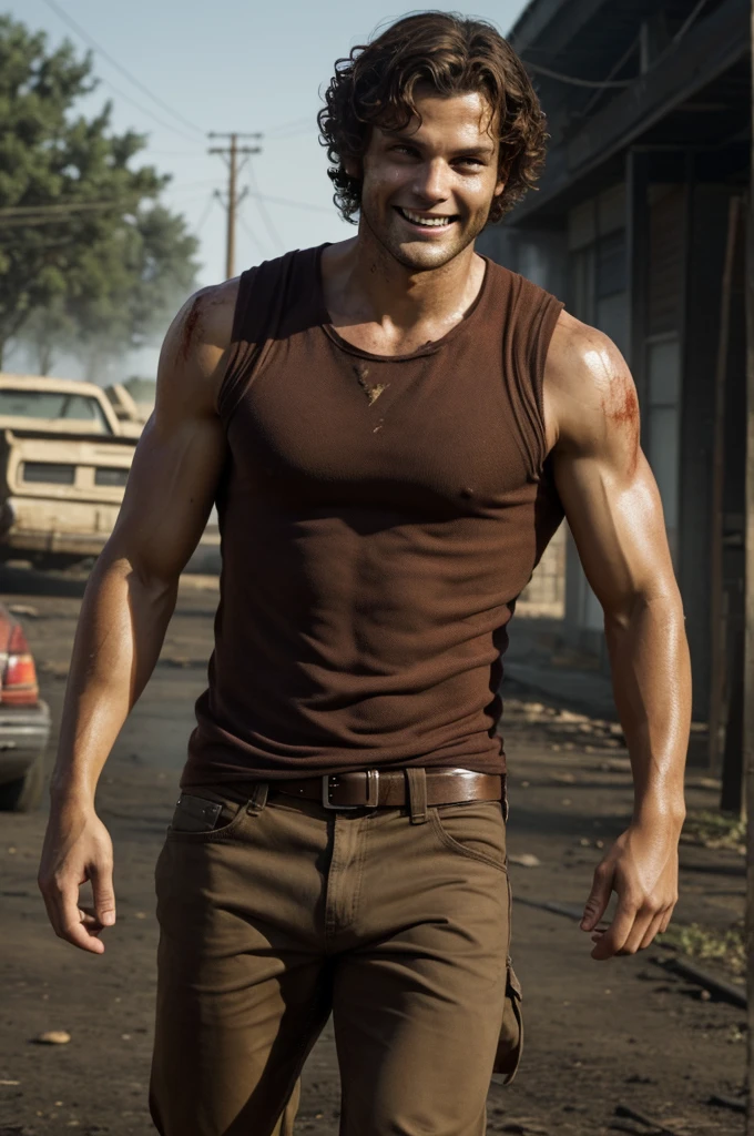 Daniel is the easy-going one, with a friendly smile and curly brown hair. He's broad-shouldered and muscular, and he radiates a warm energy.

The picture shows his whole body with zombie apocalypse background.