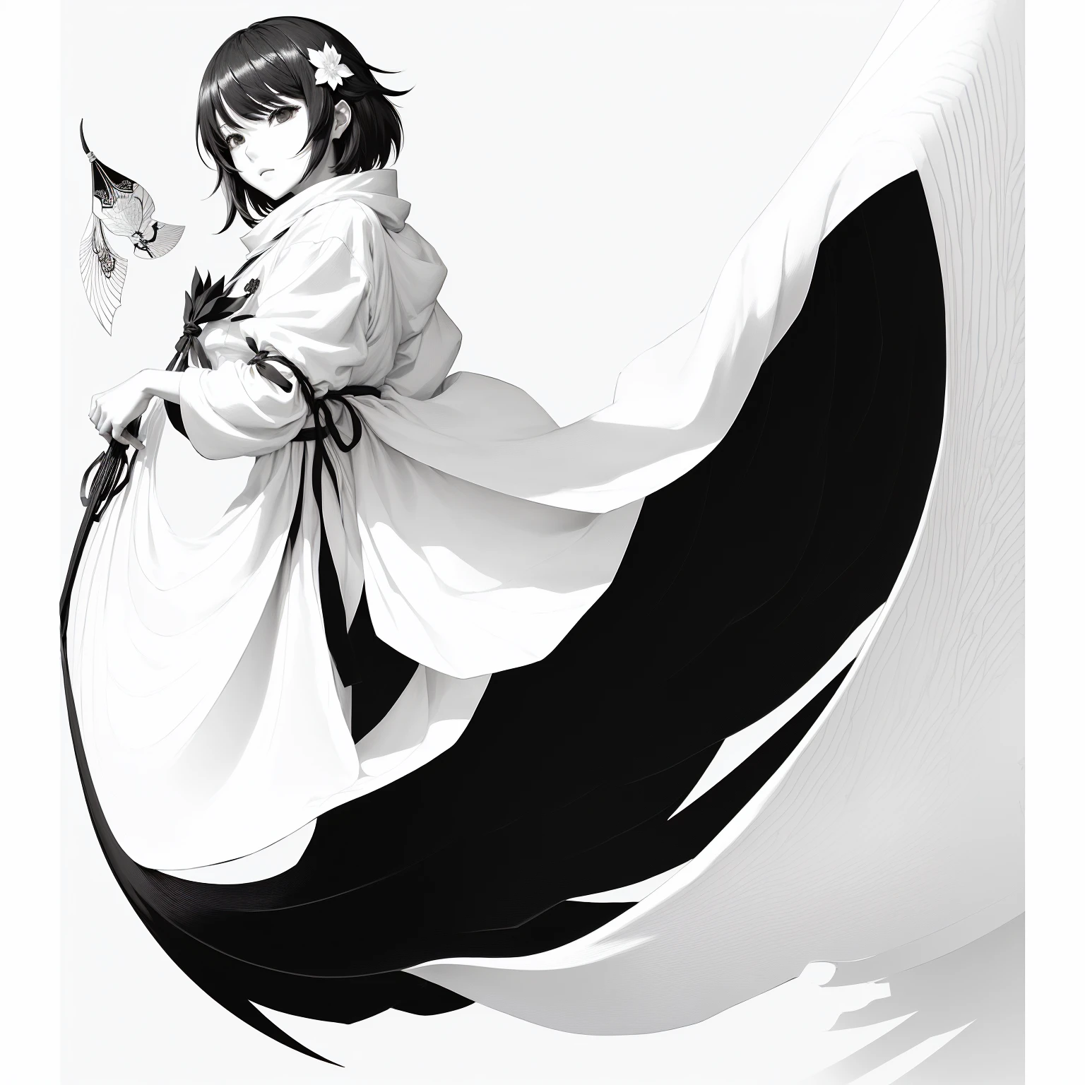 阿拉菲Kite,There is a person flying in the air, Black and white vector art, Drawn image, black and white only, Shinkai Makoto, sickle design, Black on white, Otsutsuki Momoshiki, Low resolution, Kite, Black on white线条艺术, Vectorization, Line art illustration