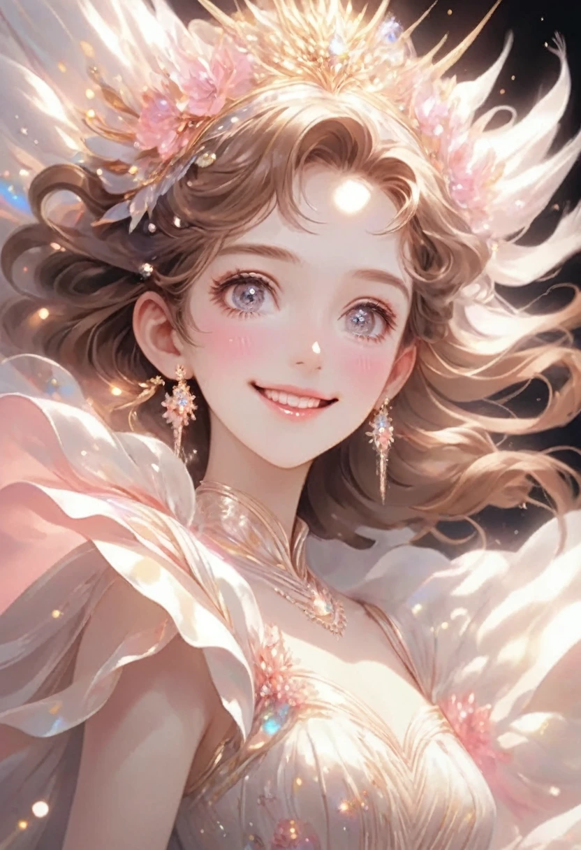 Very detailed,(((ultra detailed face))),best quality, 8k, (柔Light), Light, 1 lady, facing the camera,brown hair, fluffy hair,((forehead)),elegant, Comfortable, Clean and detailed anime art, Trending on artstart, milky white, illuminate warmly, (pink and white theme),big smile,dress