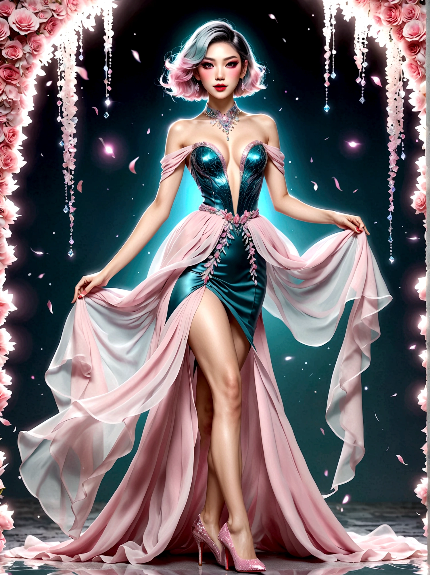 ((masterpiece))，Best quality，absurd，Ultra Detailed，(Full body shot:1.5)，Golden Ratio，Super cute and beautiful Asian idol girl，Beautiful Drag Queen，Manners are elegant，Shoulder-Length Light Teal Hair，Wearing an edgy bob，Her makeup is mesmerizing，Eyeshadow glitter，Ruby red lips。She was wearing a gorgeous evening gown，(The skirt is dragging on the ground:1.3)，The shoes on her feet are covered with various sequins and beads，sparkling，(Pink crystal high heels:1.5)，Dark theme elements, Pencil Sketch，(rococo style, Romanticism, modern, uhd, anatomically correct, accurate, textured skin, 8K)