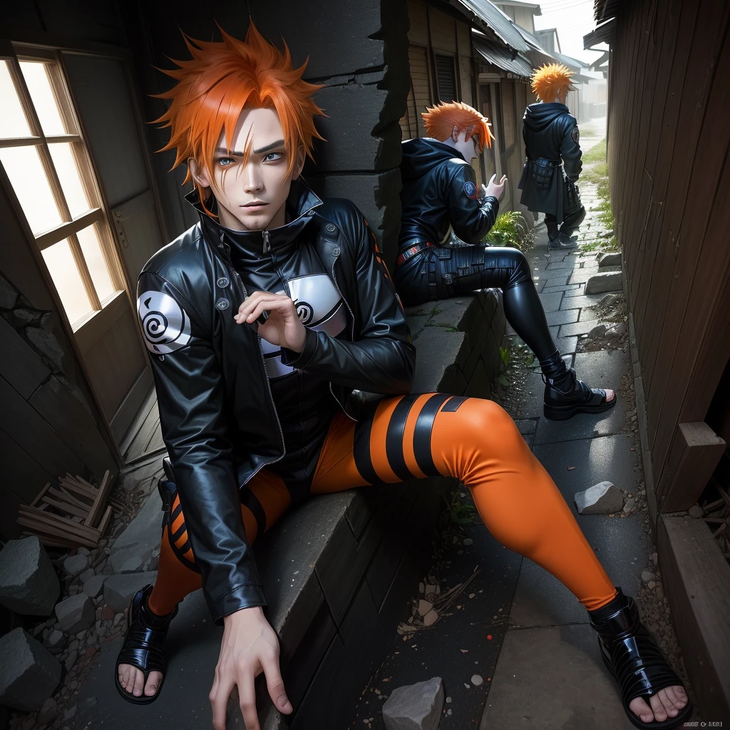 anime role play with orange hair and a black outfit posing for a picture, anime role play, pain From Naruto, role play photo, role player, professional role play, The Joker as Naruto, Ichigo kurosaki, role play, hot topic Comic-Con, Anime Characters; Full body art, Ichigo, From Naruto, full-role play, Comic-Con, Anime Characters, Badass Pose,The environment has stones,There are small stones in the air,Collapsed house with wooden surroundings