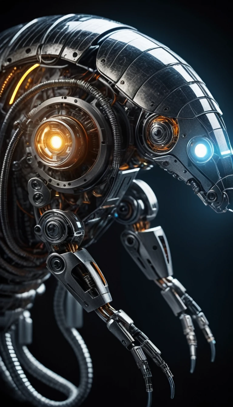Translucent movie stills (Cybernetic robot armadillo:1.5), (Glowing Veins:1.3) (The cable enters the body, circuit:1.3), Very detailed, Vignette, Very detailed, High budget, Bokeh, Sulky, amazing, nice, Film Grain, granular