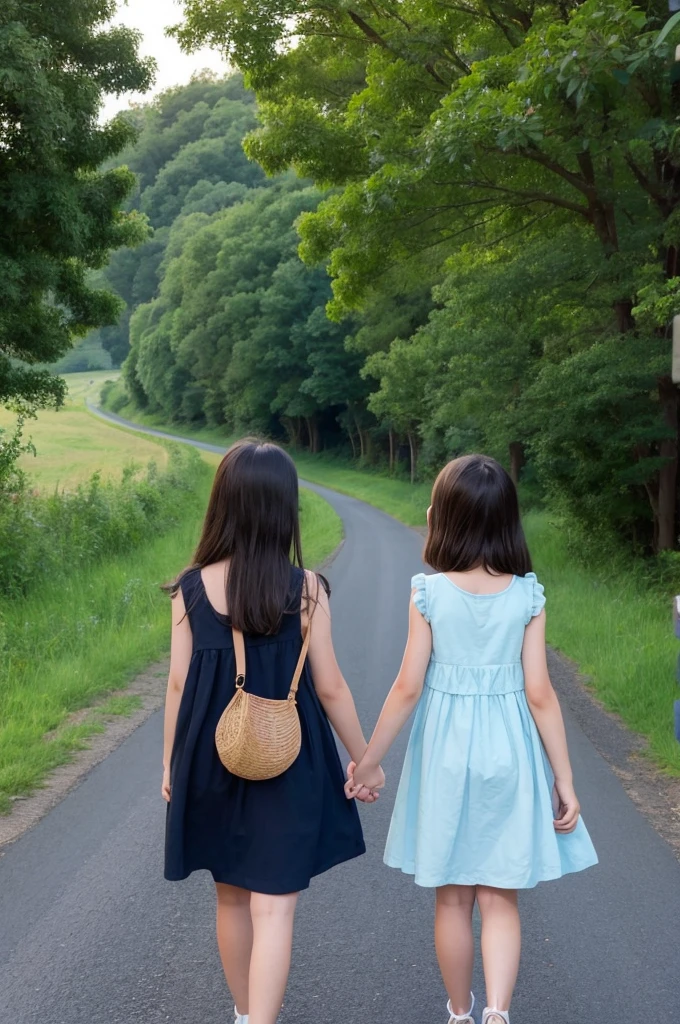 Ghibli style Sisters, ages 11 and 5 Summer evening Country Road Back view