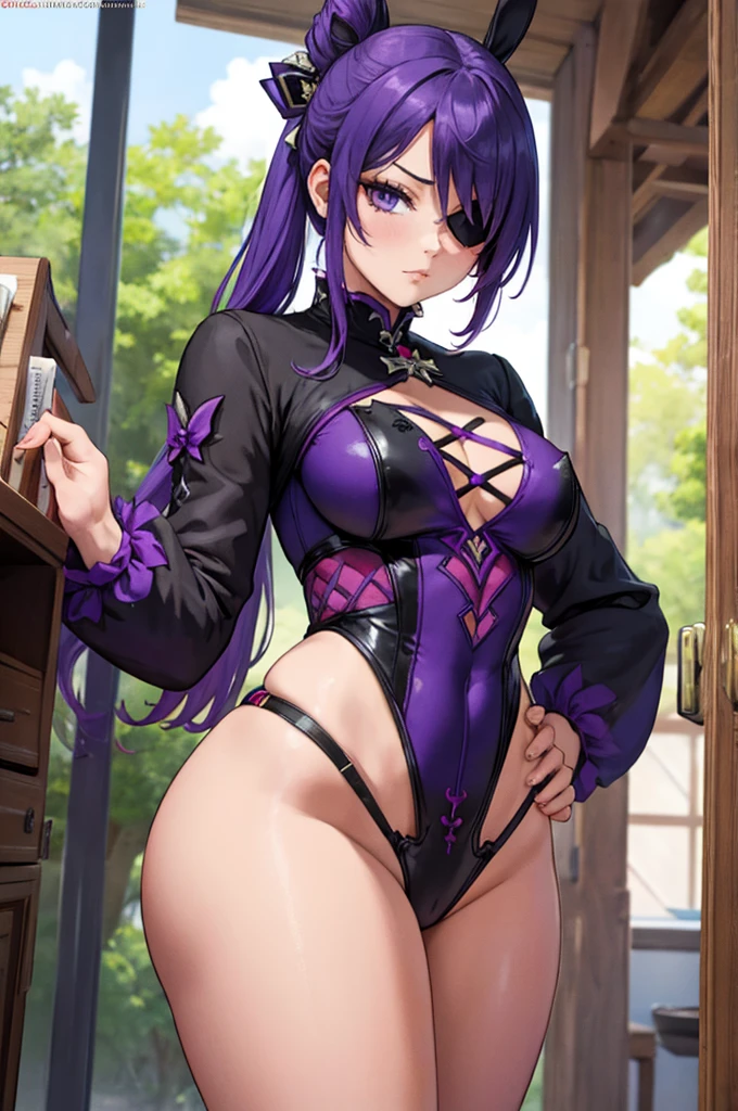 Chevreuse from Genshin Impact, cute sexy girl with purple hair, eye patch, sexy, erotic, thick ass, sexy bunny suit