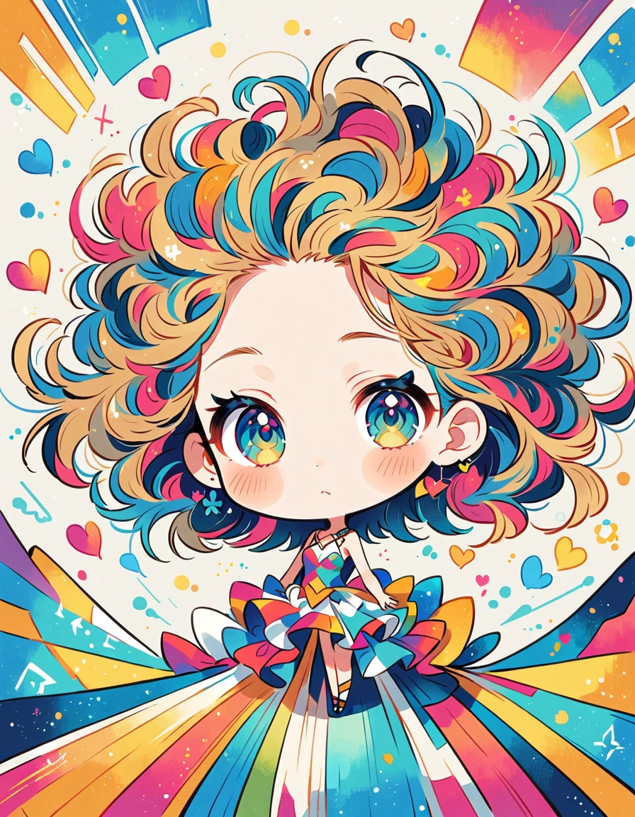 Mika Pikazo style, Simple Line Initialism，Abstract art，Urban Background, colorful hearts ,(((The most beautiful girl of all time))), (((chibi))), 