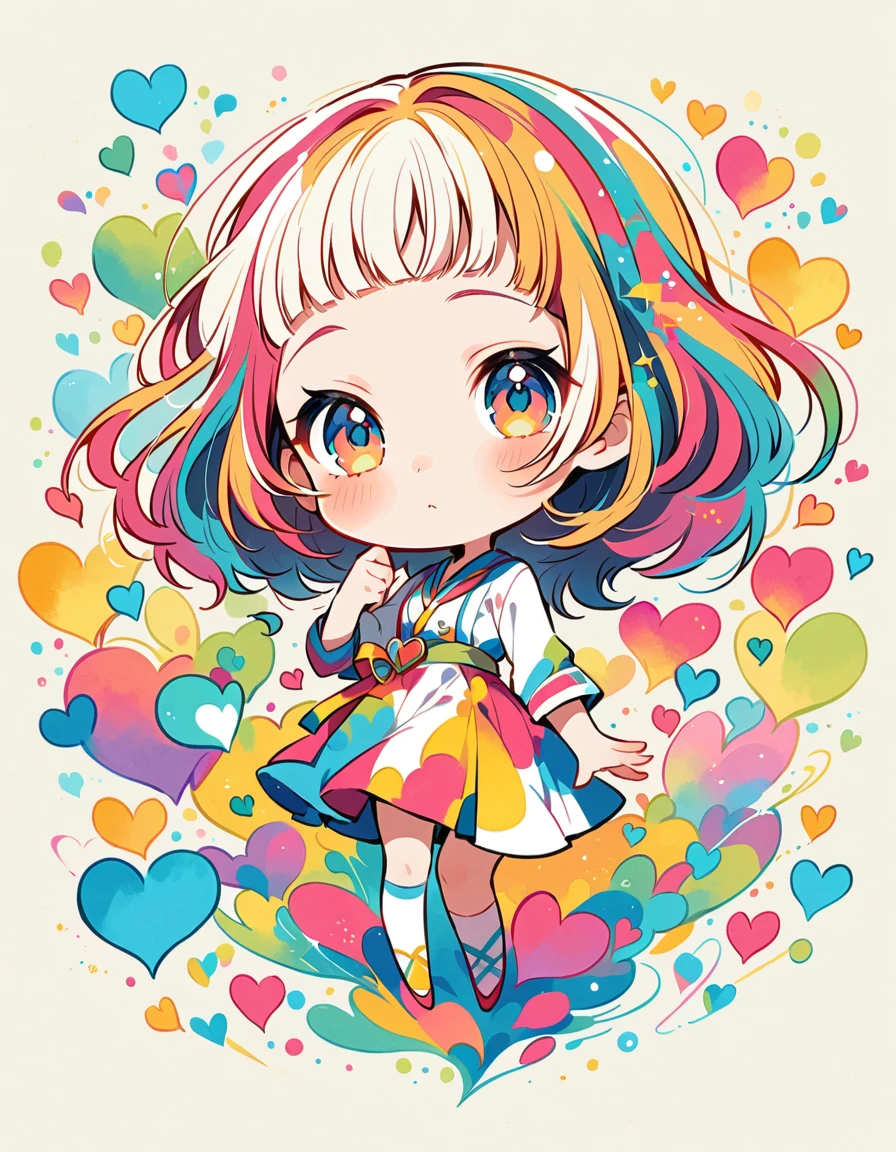 Mika Pikazo style, Simple Line Initialism，Abstract art，Urban Background, colorful hearts ,(((The most beautiful girl of all time))), (((chibi))), 