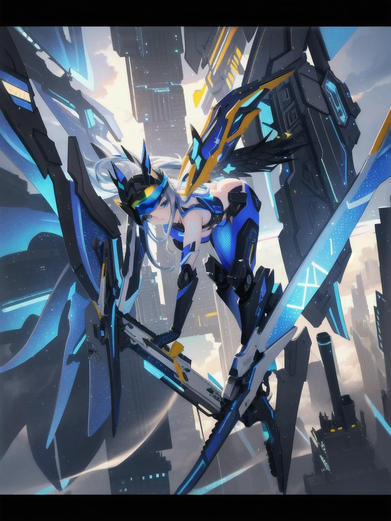 a beautiful detailed angel girl with long flowing blue hair and large blue eyes, wearing futuristic crop top body armor, mechanical wings, a black trimmed exoskeleton, flying in a futuristic white city with a clear blue visor covering the eyes, intricate details, perfect anatomy, shadows, depth of field, volumetric light, luminescent mechanical halo, embossing decoration, beautiful night  sky with clouds , beautiful futuristic city lights, full body image facing viewer, (best quality,8k,realistic,photorealistic:1.37),(masterpiece:1.2)