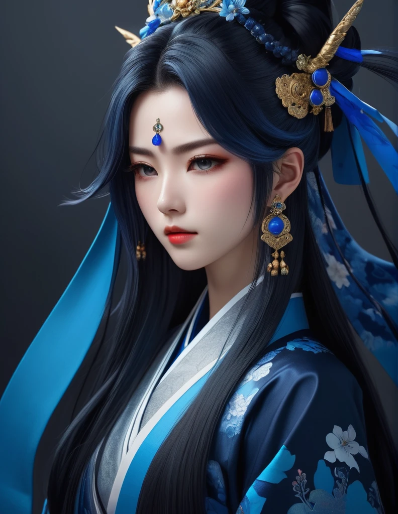 quality(8k wallpaper of extremely detailed CG unit, ​masterpiece, hight resolution, top-quality, top-quality real texture skin,hyper realisitic, digitial painting,increase the resolution,RAW photos，best qualtiy,highly detailed,the wallpaper),BREAK,8K, half face, onmyoji-style art, blue long hair, profile shoot, gray eyes, robe, black background, blue jewelry 