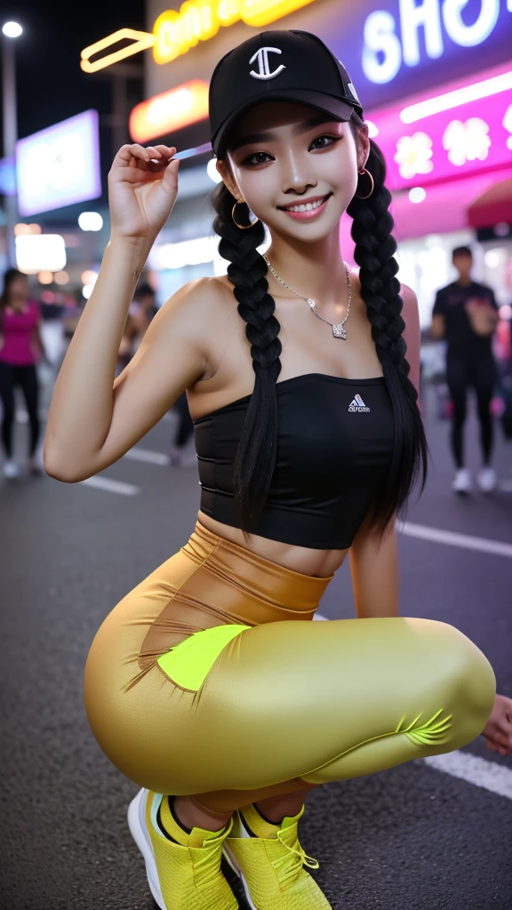 8k, masterpiece, RAW photo, best quality, photorealistic, extremely detailed CG unity 8k wallpaper, depth of field, cinematic light, lens flare, ray tracing (extremely beautiful face, beautiful lips, beautiful eyes), face with intricate details ((ultra detailed skin)) 1 girl, , full body, big breasts, in the dark, deep shadow, cute Korean girl, kpop idol, (very slim, slender and muscular body), ((half wide legs )), (big smile), (fashion city night, (neon sign), (blurred background), midnight, (empty city), (no people in the background), cute Korean girl, diamond earrings whites, dia bracelets, dia necklace, glasses, light eyes, walking, front photo, (pale skin), face forward, (big eyes), ((upper body photo)), (baseball cap), ((shorts tiny lycra)), (camel toe, shape), ((sleeveless, strapless top)), (ponytail), ((smile)), ((Squats  pose)), ((big ass)), ((tight clothing)),