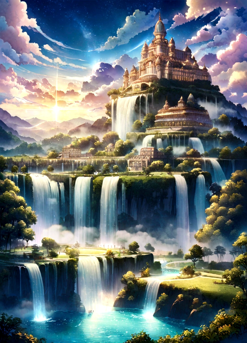 Heaven, landscape ilustration, sky, cloud, shine, a palace made from white diamond, waterfall, flowing waters, sparkling light stars, flying fairy angels at the sky, magical fog, a magical places, dream world