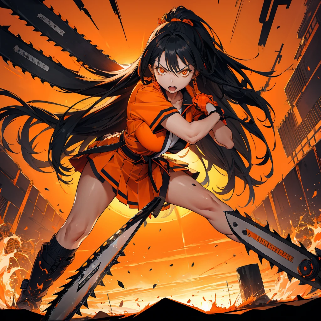 One girl,Chainsaw Sunrise Stance, (Have a weapon:1.3),whole body,Long black hair,,cherry blossoms, Zoom out,Wide Shot, (masterpiece, Highest quality),Dynamic composition、[17277fbe68],sunrise stance,((Perspective Lens, Woman with long hair, Dynamic poses with serious and mean expressions, Hold a big, long chainsaw with both hands )) ((Pure Orange Background:1.2)),Anime Style、Detailed eyes、Looks like she&#39;s in her early 20s,Shooting in mid-motion,With her long braided hair fluttering. Her outfit is reminiscent of a butterfly,Black and yellow color palette,Be playful.,