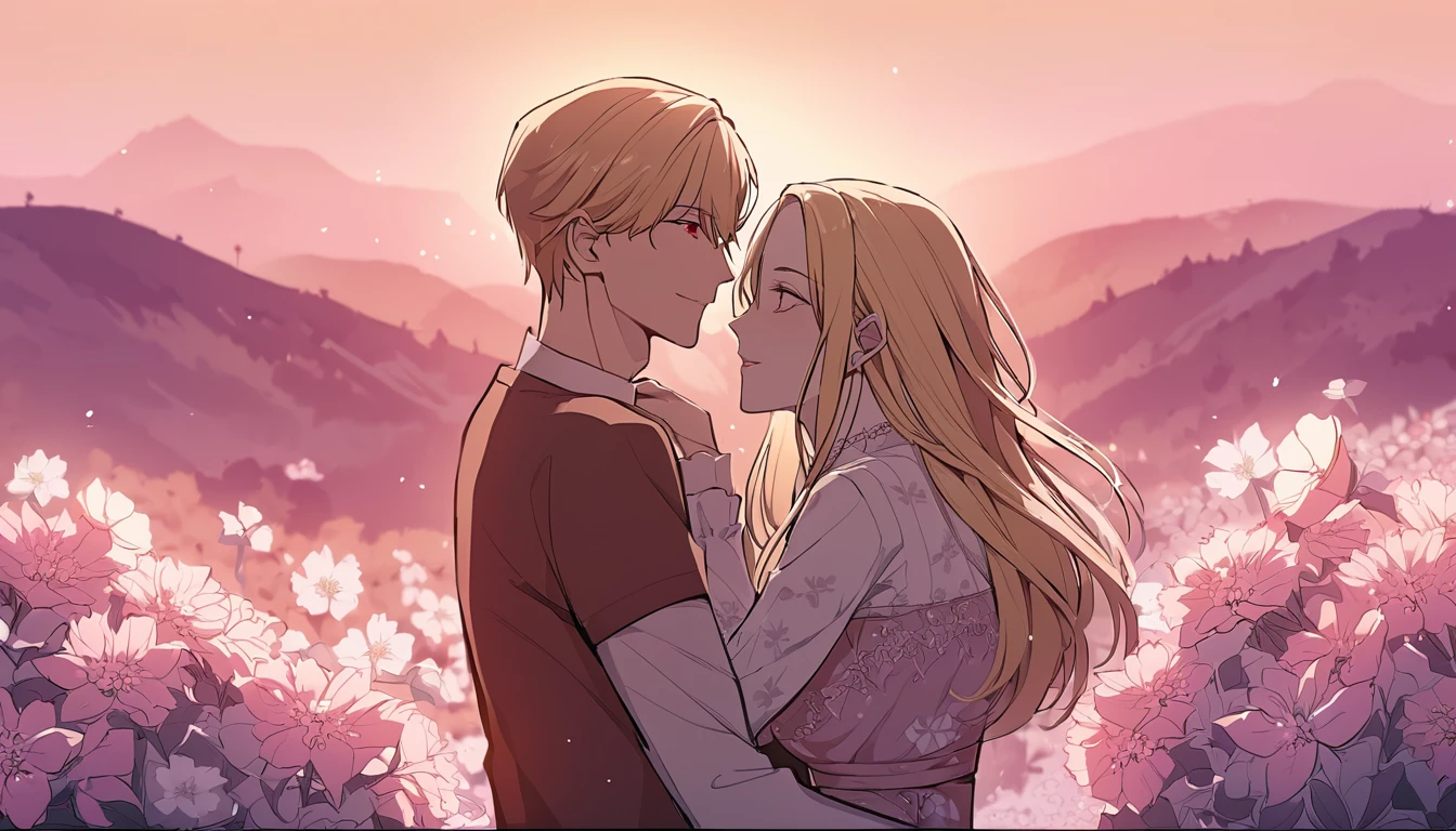 fantasy-style, floral background, romance manhwa, masterpiece, best quality, 2others, couple, hetero, 1man with 1woman,
man hair blonde, (Man_red_eyes), 
woman hair blonde, (woman_pink_eyes),
height difference, 
different colors, happy, love, flower-filled landscape, forehead