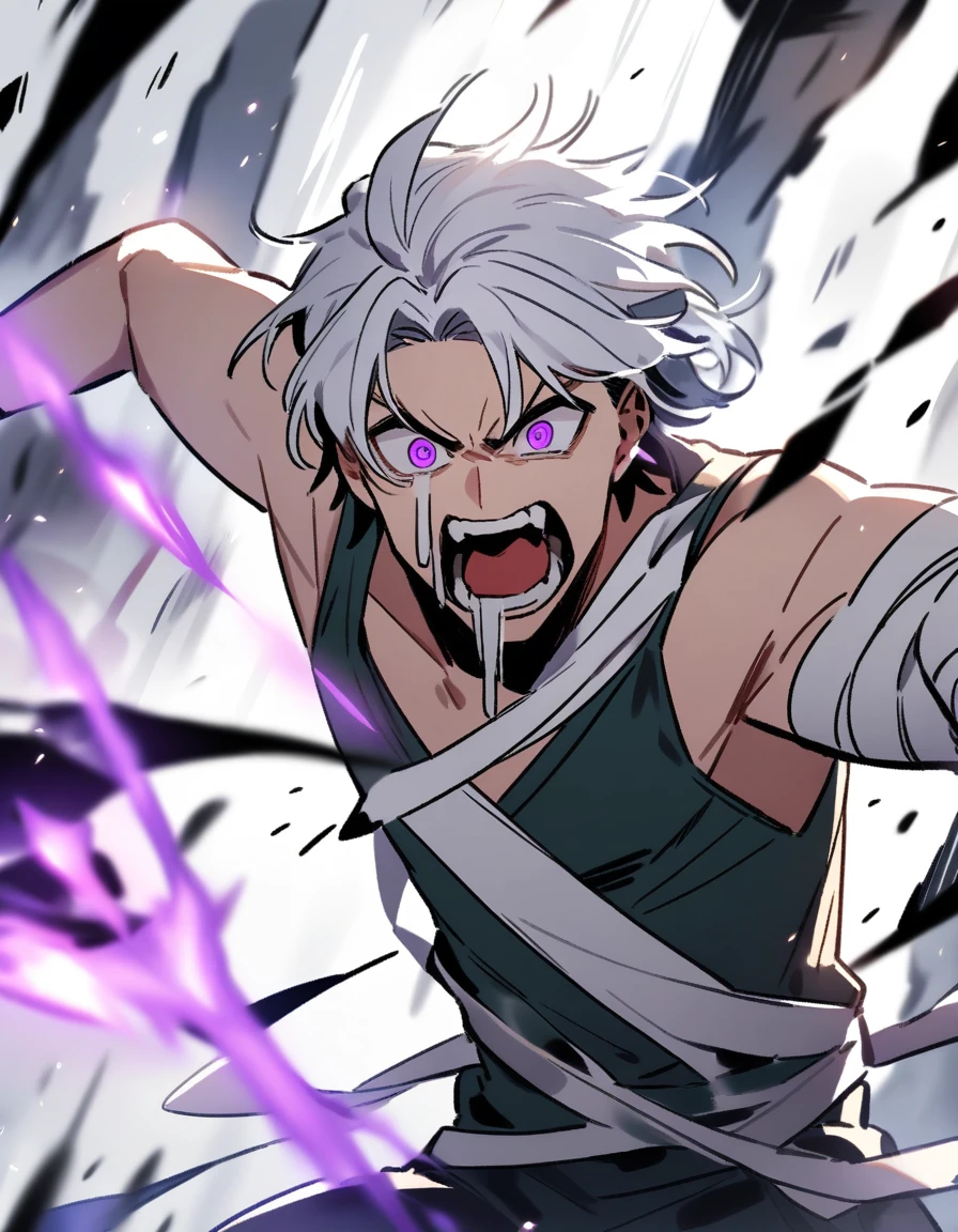 young Greek man with white hair, violet eyes, one of his arms in bandages, his face and mouth bleeding and going on the attack
