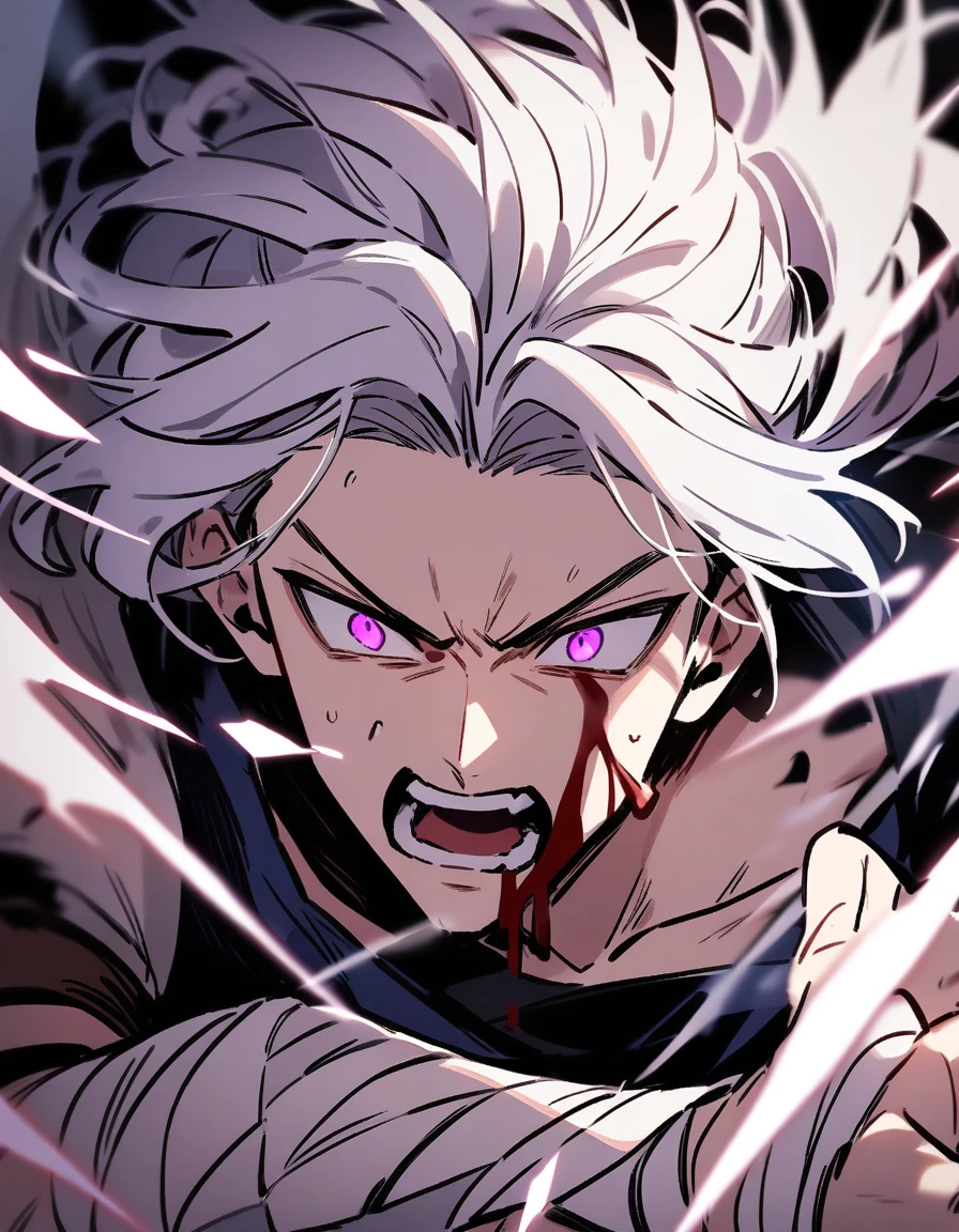 young Greek man with white hair, violet eyes, one of his arms in bandages, his face and mouth bleeding and going on the attack