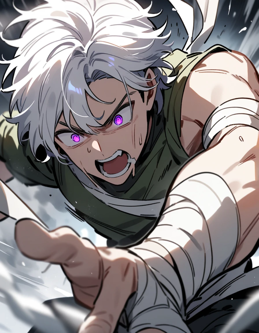 young Greek man with white hair, violet eyes, one of his arms in bandages, his face and mouth bleeding and going on the attack