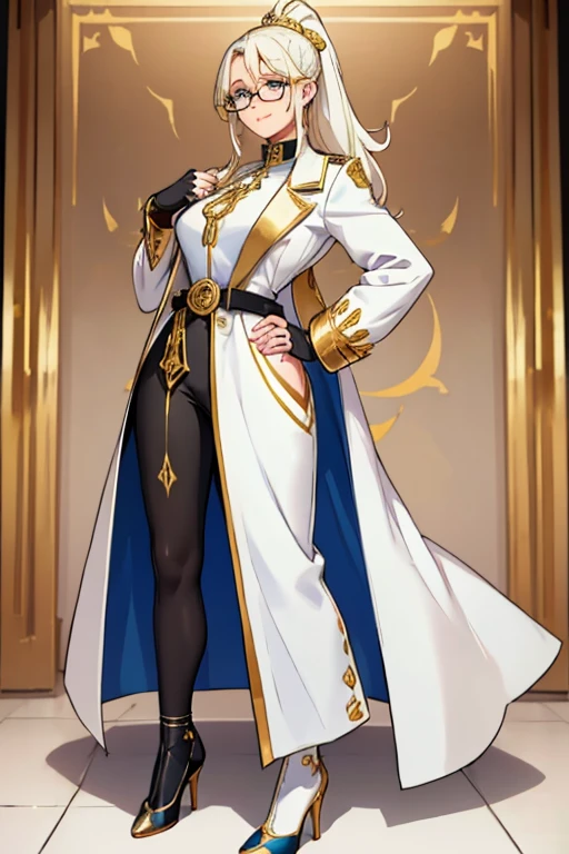 female, blonde long hair in a ponytail, blue eyes, (((1girl))), (((white regal coat with gold trim))), (black high collar shirt), (white dress pants), (gold heels), (black belt), (glasses), (black fingerless gloves), cute and sexy, modest breasts, modest butt, full body, long legs, smiling