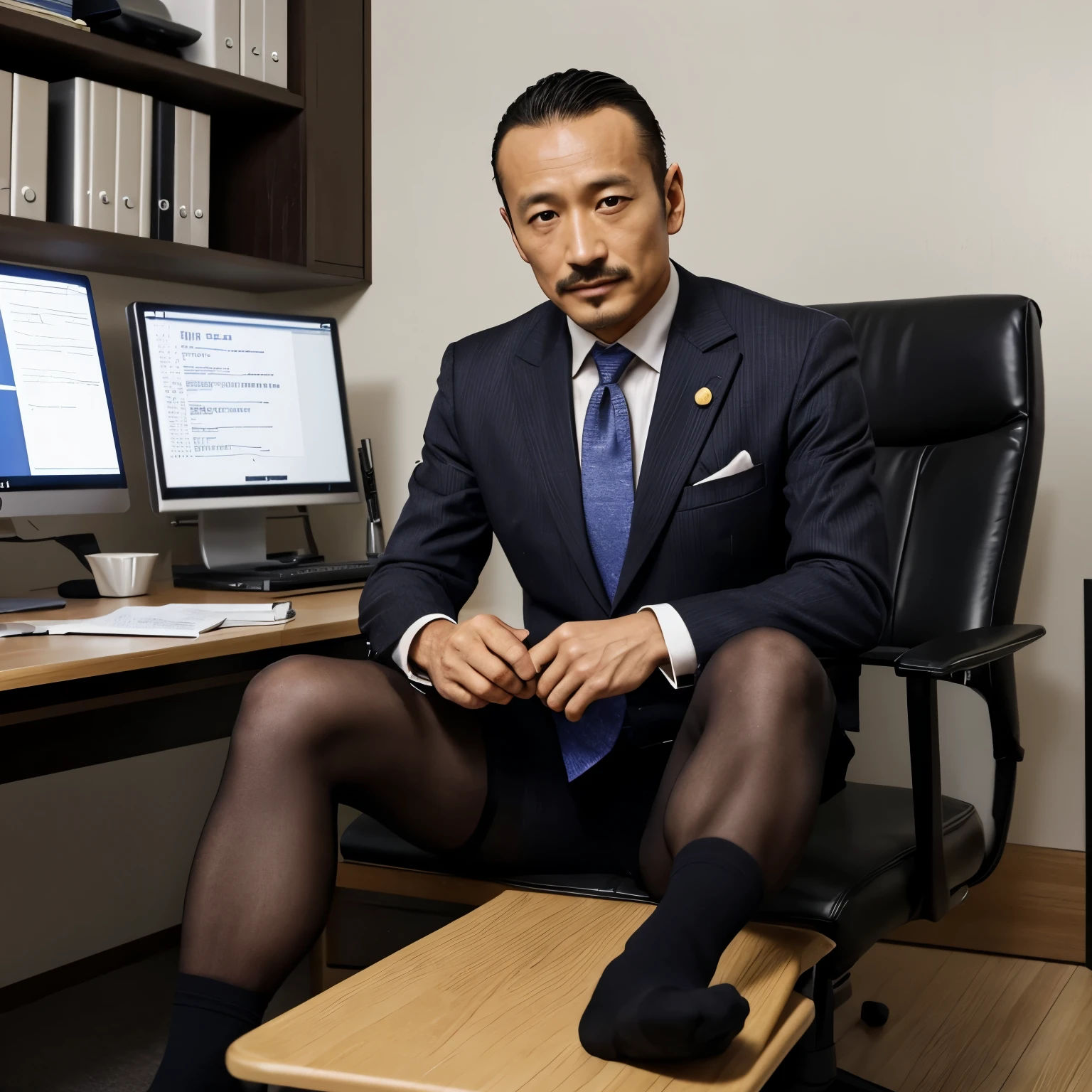 40 years old,Hidetoshi Nakata,(Kogoro Mori 1.3),male,Topless,Densely hairy,Bright,Raised,Fortitude,office,Suit,Tights,whole body,Fortitude,HD,With a mustache,Black socks,