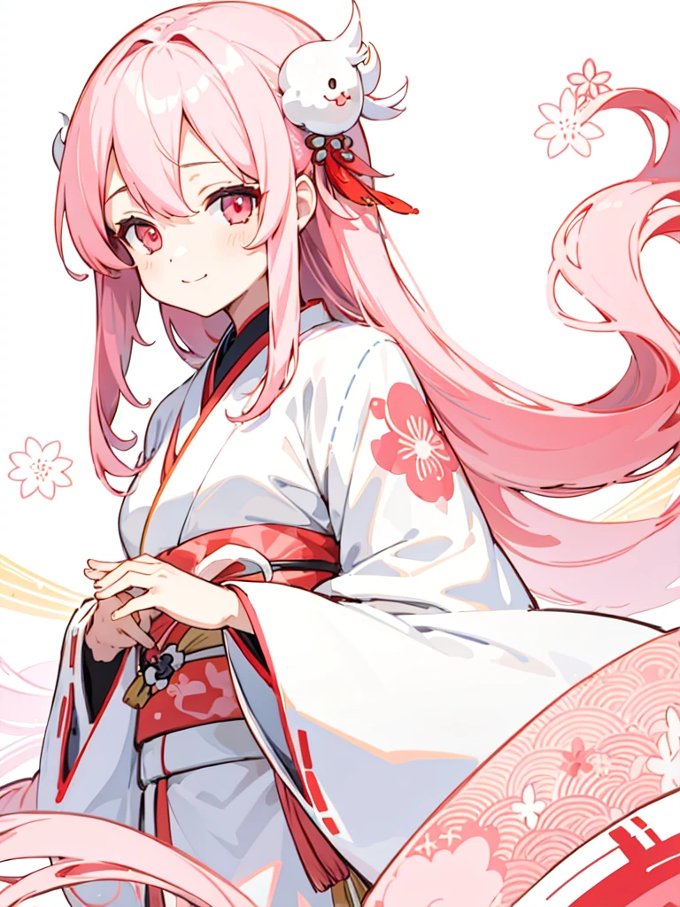 (finely best quality illustration:1.2), (kawaii girl:1.0), (1girl, solo:1.0), (white long hair:1.0), (red kimono, tsubaki pattern:1.0), (smile:0.6), (upper body:1.0), (ultra-detailed, highres:1.0), (dark pink eyes:1.0)