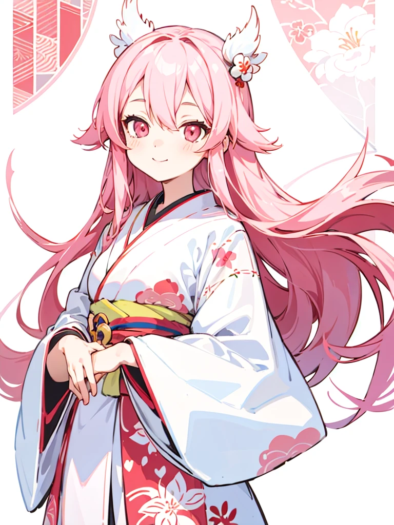 (finely best quality illustration:1.2), (kawaii girl:1.0), (1girl, solo:1.0), (white long hair:1.0), (red kimono, tsubaki pattern:1.0), (smile:0.6), (upper body:1.0), (ultra-detailed, highres:1.0), (dark pink eyes:1.0)