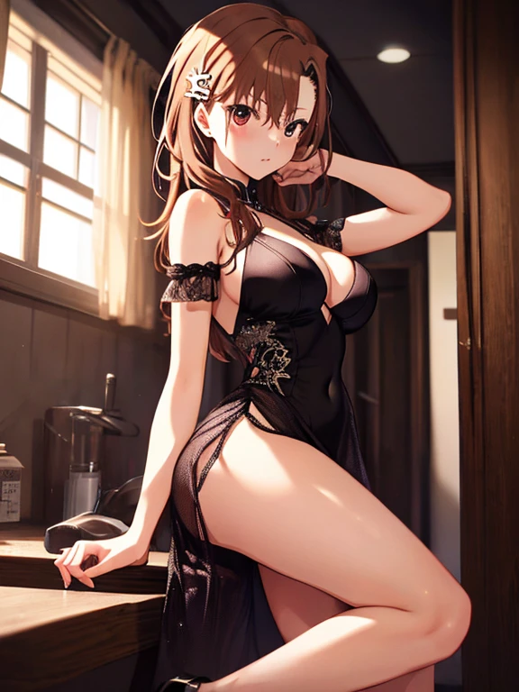 Misaka Mikoto, Evening Dress, UHD, retina, masterpiece, ccurate, anatomically correct, textured skin, super detail, high details, high quality, best quality, highres, 4K