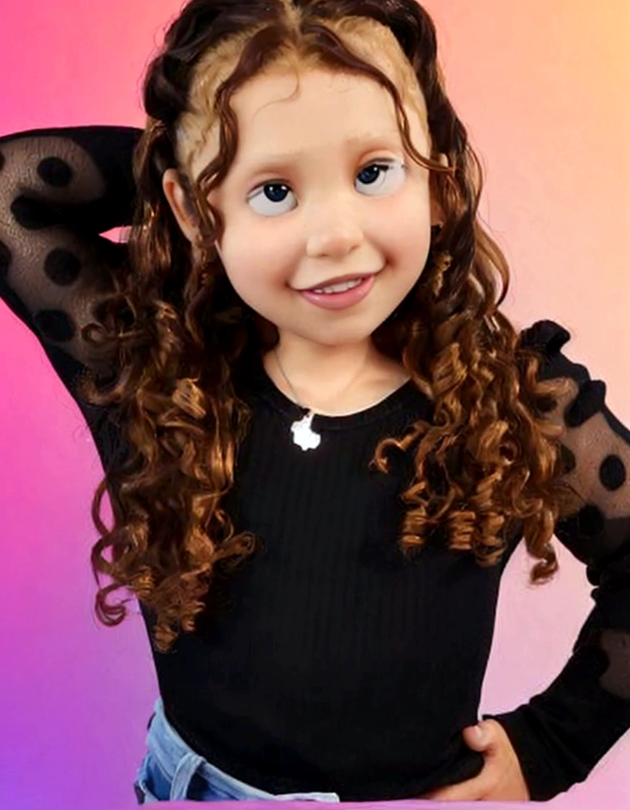disaney pixar, 4  happy, honey colored eyes and hair, curly hair influencer digital kids