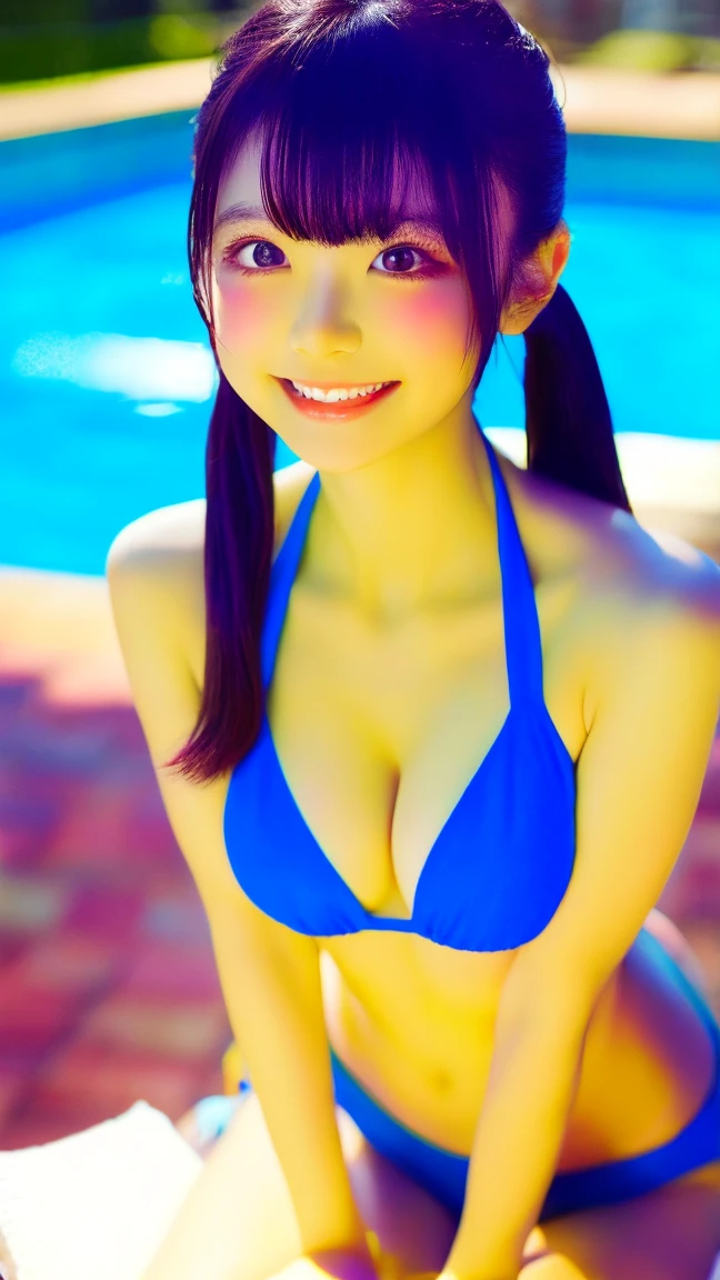 （8k、live-action、Raw photo、highest quality、masterpiece：1.2),(Outdoors,Pool,Front lighting:1.2),((Perfect lighting)),(Twin tails),Watching the audience,Looking up,Sexy pose, strong,Erotic,18-year-old,student,White skin,knees,Absurd,Small Face,Part the front hair from the center、The forehead is visible,(Be embarrassed,Tight eyes,Glare,strong,skinny,skinny,get annoyed)、masterpiece,highest quality、超A high resolution,one person, solo,Close-up shot、cute、Back to Students,(towel fabric bikini:1.3),High school girl,Japanese women,standing,（Photoreal：1.37）、Photon Mapping,Realistic、cuteSmall Face,Brown eyes、prospect、Depth of written boundary、Blurred Background、Real,(I can see the front hair), hair, I can see the knees, thigh,(Nogizaka Idol), actress、Big and ample breasts、Cleavage、Super fine、Low people、(Skin with visible pores:1.2)、(Focus on the face)、8 heads、Natural neck、Check and correct the skeleton