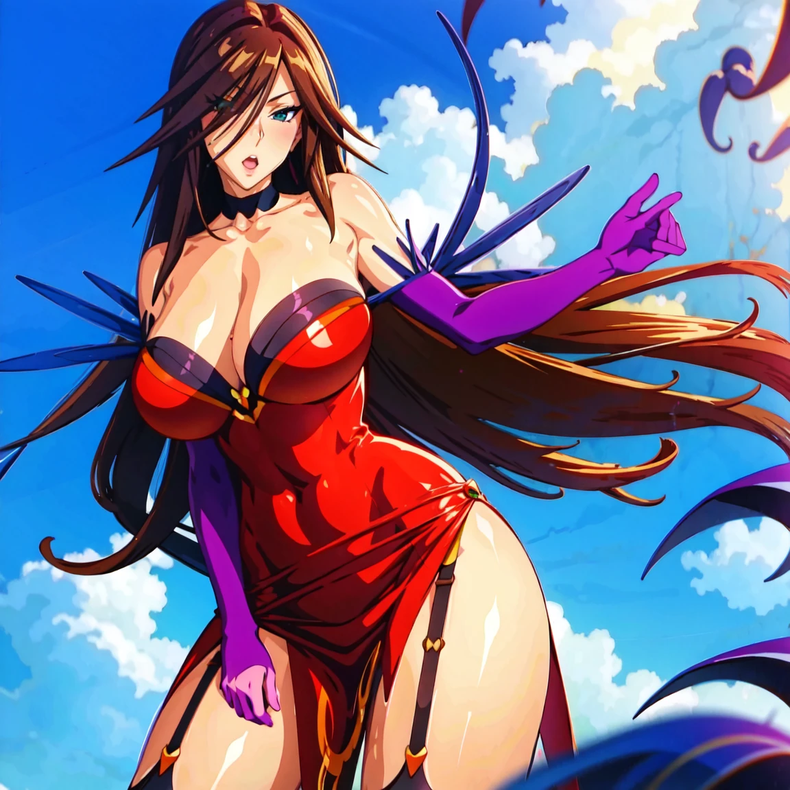 masterpiece, Anime screenshots, 1 Girl, alone, Brown Hair, Long Hair, Green Eyes, Red dress, Cleavage, Bare shoulders, Purple knee socks, - Elbow hand pockets, Black wings, Outdoor, inhibition, Tentacles, Shuma-Gorath, Cowboy Shot, whole body, Purple elbow gloves, Messy Hair, Hair on one eye, Big Breasts, beautiful, best quality, masterpiece, ultra detailed, master work, cg unity 8k wallpaper, ultra high res, super fine illustration, ultra detailed beautiful face, perfect eyes,