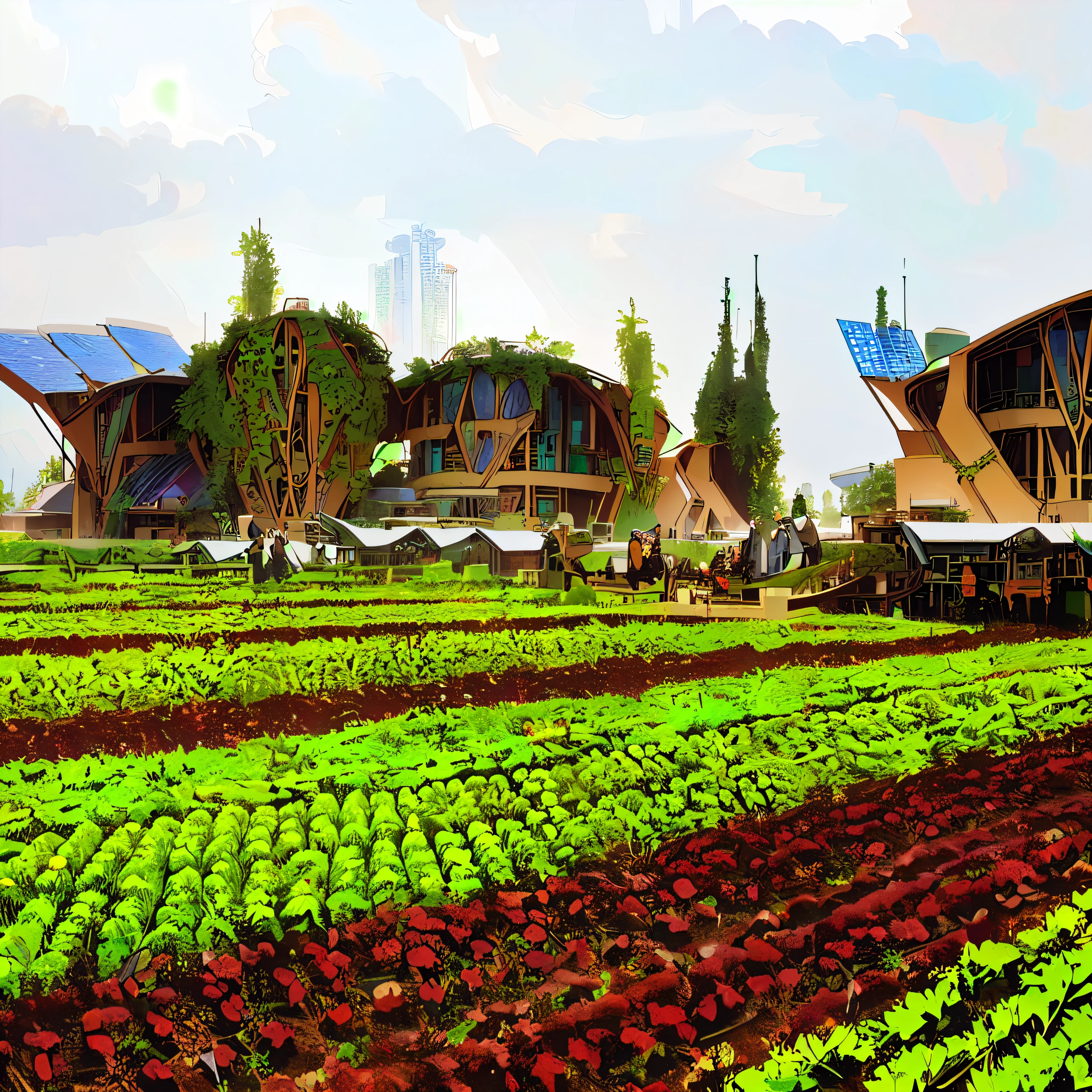 There are many different types of plants in the field, ecovillage, Solarpunk Bistro, Vincent Callebaut, Organic Architecture, Permaculture, Broad view of the farm, Central Farm, Plant Building, Solar Punk Village, scifi farm, hydroponic farms, Manicured solar punk greenery, Longhouse, Rows of lush crops, outdoor botanical garden