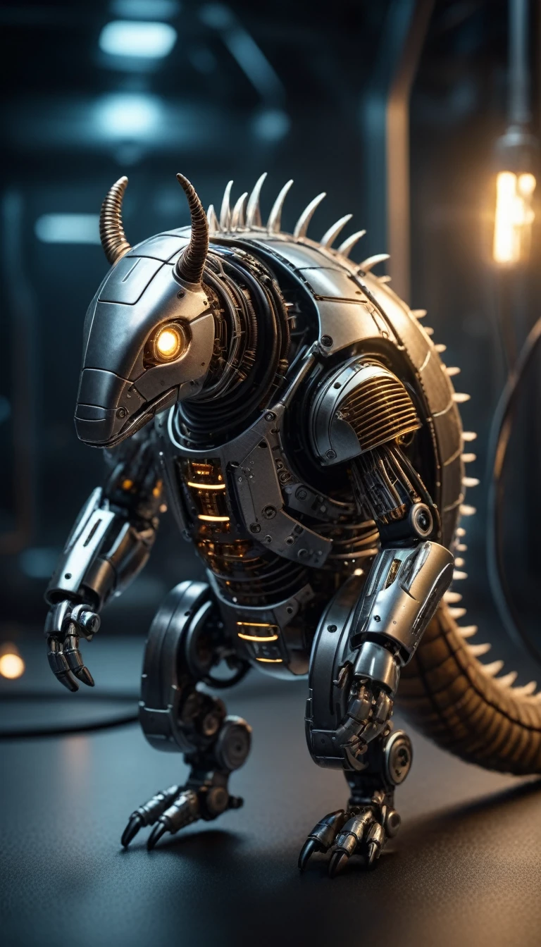 Translucent movie stills (Cybernetic robot armadillo:1.5), (Glowing Veins:1.3) (The cable enters the body, circuit:1.3), Very detailed, Vignette, Very detailed, High budget, Bokeh, Sulky, amazing, nice, Film Grain, granular