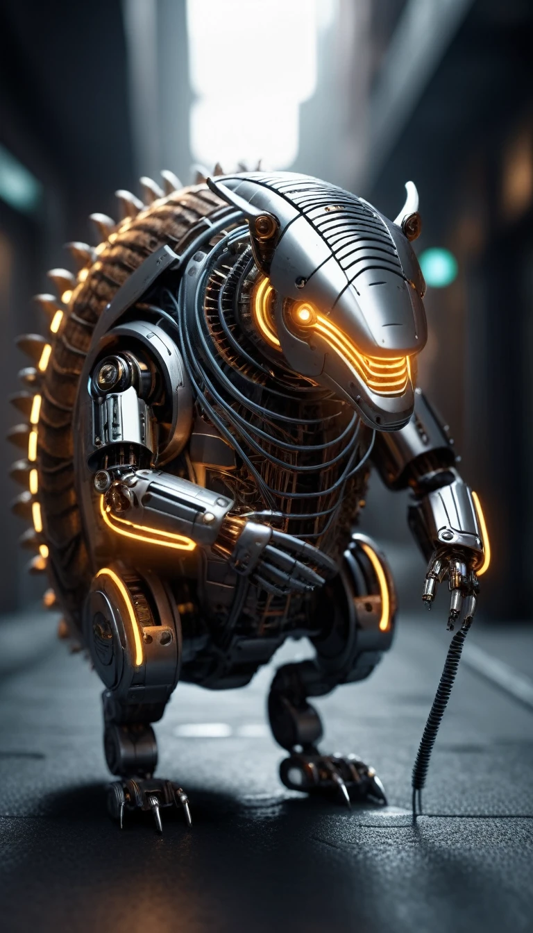 Translucent movie stills (Cybernetic robot armadillo:1.5), (Glowing Veins:1.3) (The cable enters the body, circuit:1.3), Very detailed, Vignette, Very detailed, High budget, Bokeh, Sulky, amazing, nice, Film Grain, granular