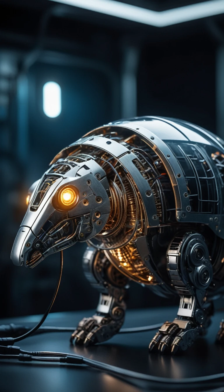 Translucent movie stills (Cybernetic robot armadillo:1.5), (Glowing Veins:1.3) (The cable enters the body, circuit:1.3), Very detailed, Vignette, Very detailed, High budget, Bokeh, Sulky, amazing, nice, Film Grain, granular