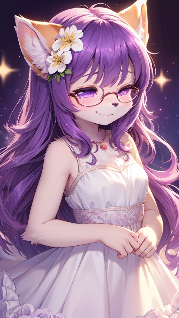 best quality,best resolution,(fluffy anthro furry :1.6),(young :1.8), cat girl,long hair,wavy hair,purple hair,pirple eyes,glistering eyes,sparkle eyes,ultra detailed eyes,beige fur,circle glasses,flower hair ornaments,white fur,(white dress),sparkle stars background,glistering dusts surrounded,light and shadow,full face blush,heart expression eyes,heart eyes,looking at viewer,sexy face,closed eyes,smile,upper body only