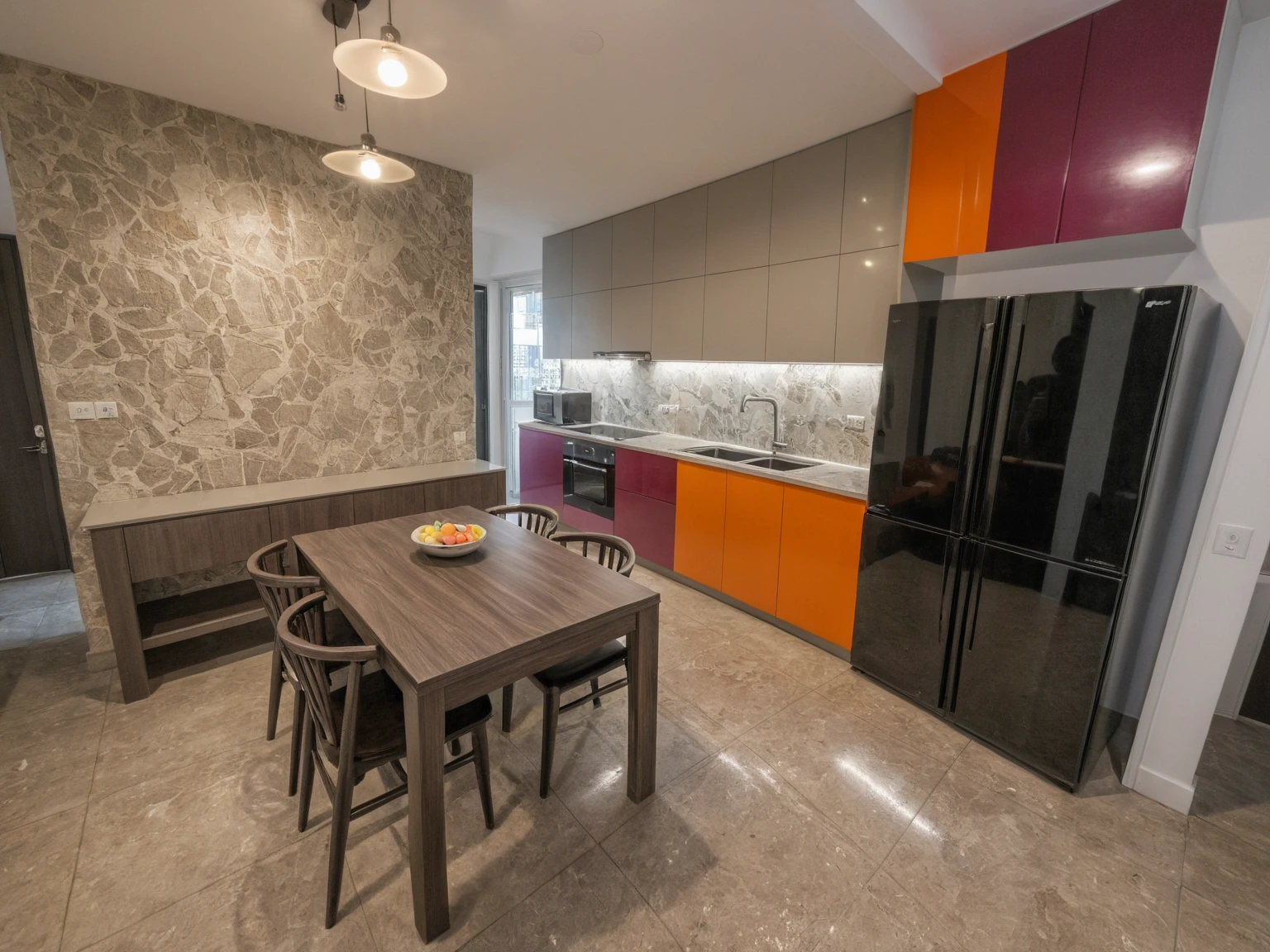 Raw photo,Masterpiece, high quality, best quality, authentic, picture picasso on wall:1.5, colorful:1.3super detail, interior, indoors, glossy material:1.3,kitchen room style modern , (twiglight:1.1), vivid colour, (realistic:1.2),