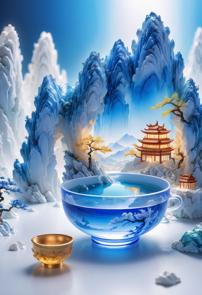 a delicate porcelain teacup, intricate carved landscape miniature, semi-transparent glass material, blue and white gradient, traditional Chinese landscape painting, abstract shapes, minimalist style, mountain cave, 3D render, best quality, 8k, highres, masterpiece, ultra-detailed, realistic, photorealistic, photo-realistic, HDR, UHD, studio lighting, ultra-fine painting, sharp focus, physically-based rendering, extreme detail description, professional, vivid colors, bokeh