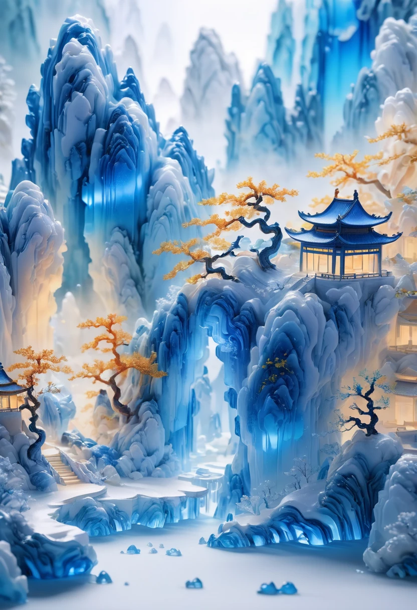 a delicate porcelain teacup, intricate carved landscape miniature, semi-transparent glass material, blue and white gradient, traditional Chinese landscape painting, abstract shapes, minimalist style, mountain cave, 3D render, best quality, 8k, highres, masterpiece, ultra-detailed, realistic, photorealistic, photo-realistic, HDR, UHD, studio lighting, ultra-fine painting, sharp focus, physically-based rendering, extreme detail description, professional, vivid colors, bokeh