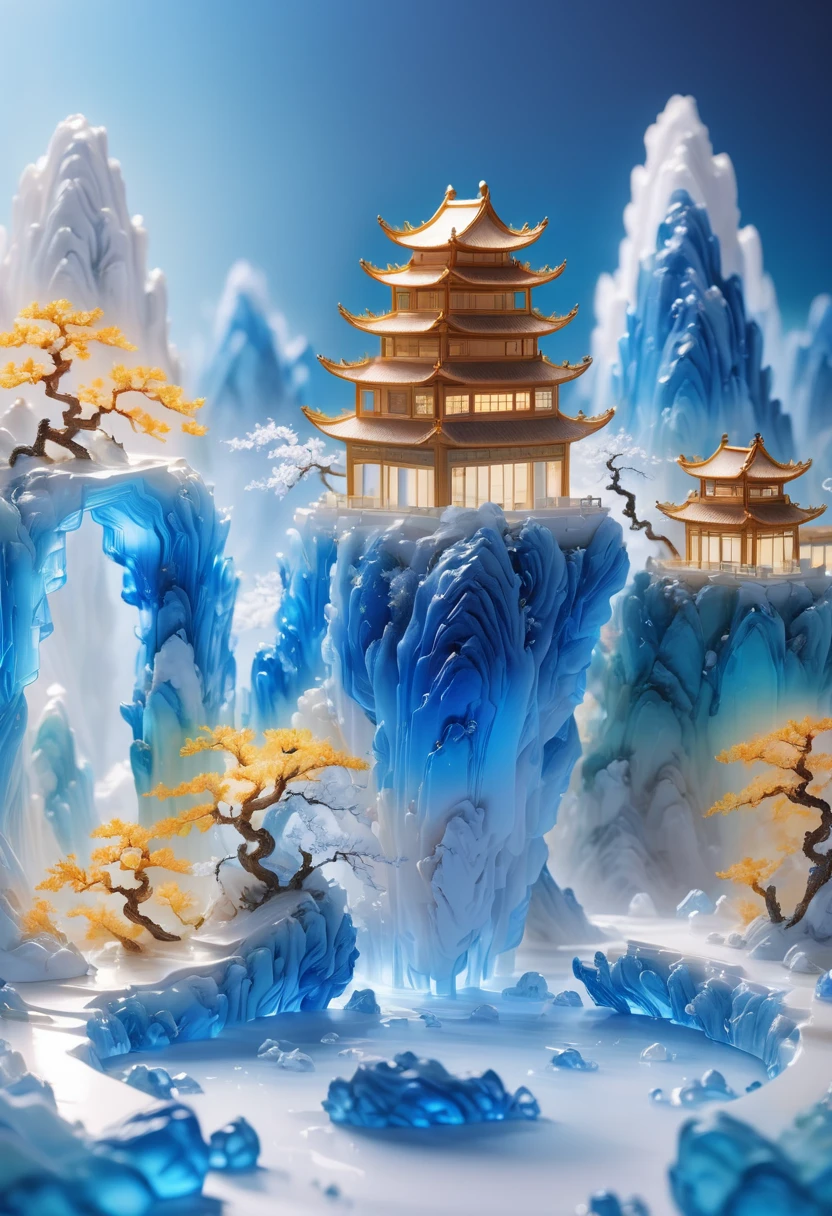 a delicate porcelain teacup, intricate carved landscape miniature, semi-transparent glass material, blue and white gradient, traditional Chinese landscape painting, abstract shapes, minimalist style, mountain cave, 3D render, best quality, 8k, highres, masterpiece, ultra-detailed, realistic, photorealistic, photo-realistic, HDR, UHD, studio lighting, ultra-fine painting, sharp focus, physically-based rendering, extreme detail description, professional, vivid colors, bokeh