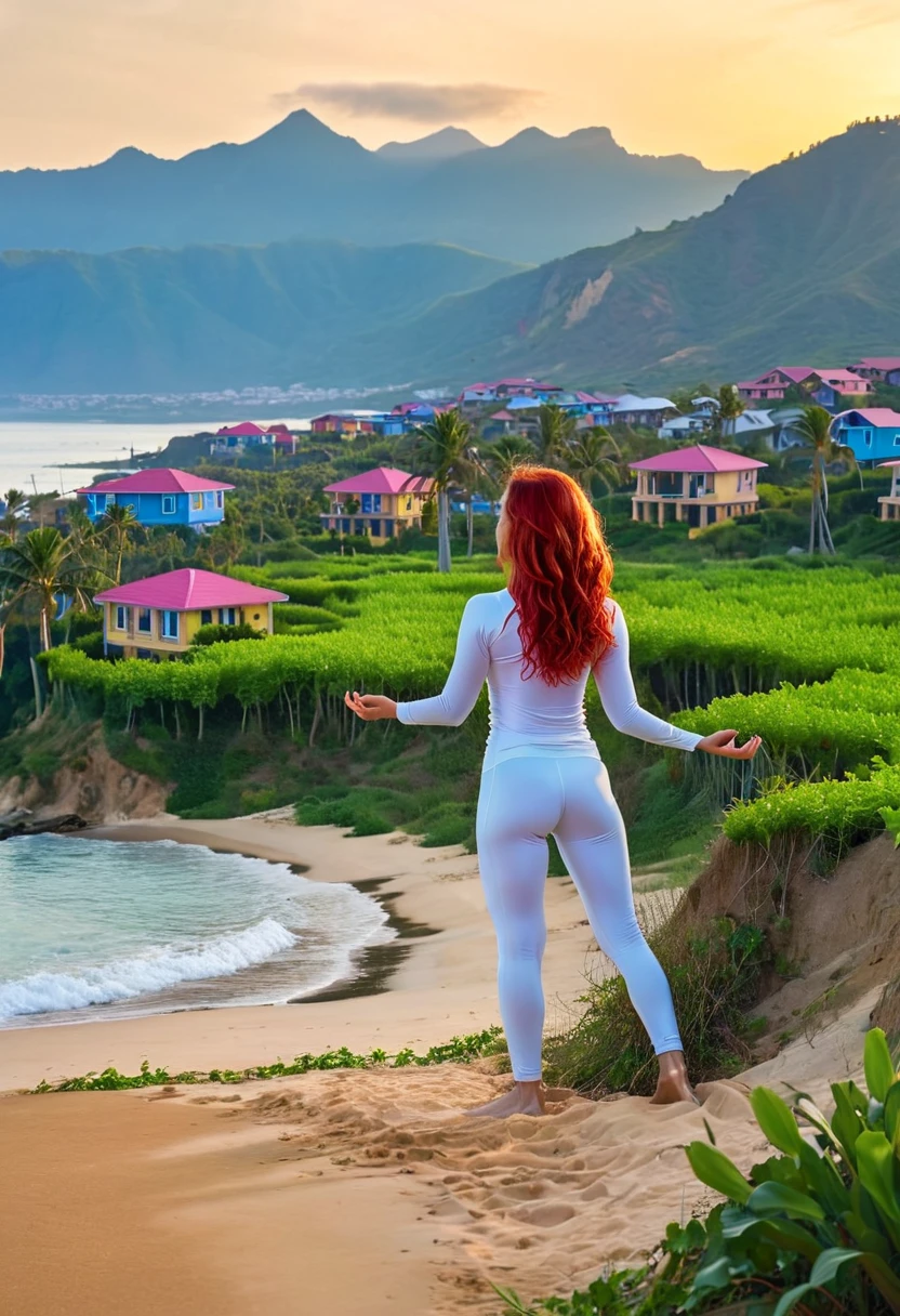 landscape, the ocean with crimson-blue dawn, from far away you can see the mountains, from the mountains in the ocean is a high bridge created by nature slightly overgrown with grass and vines, yellow sand. In the background are residential one-story houses, near the houses grow palm trees. On the shore of the ocean in the lotus position sits a girl of 27 years old, with red wavy hair in a light sports suit and meditates.