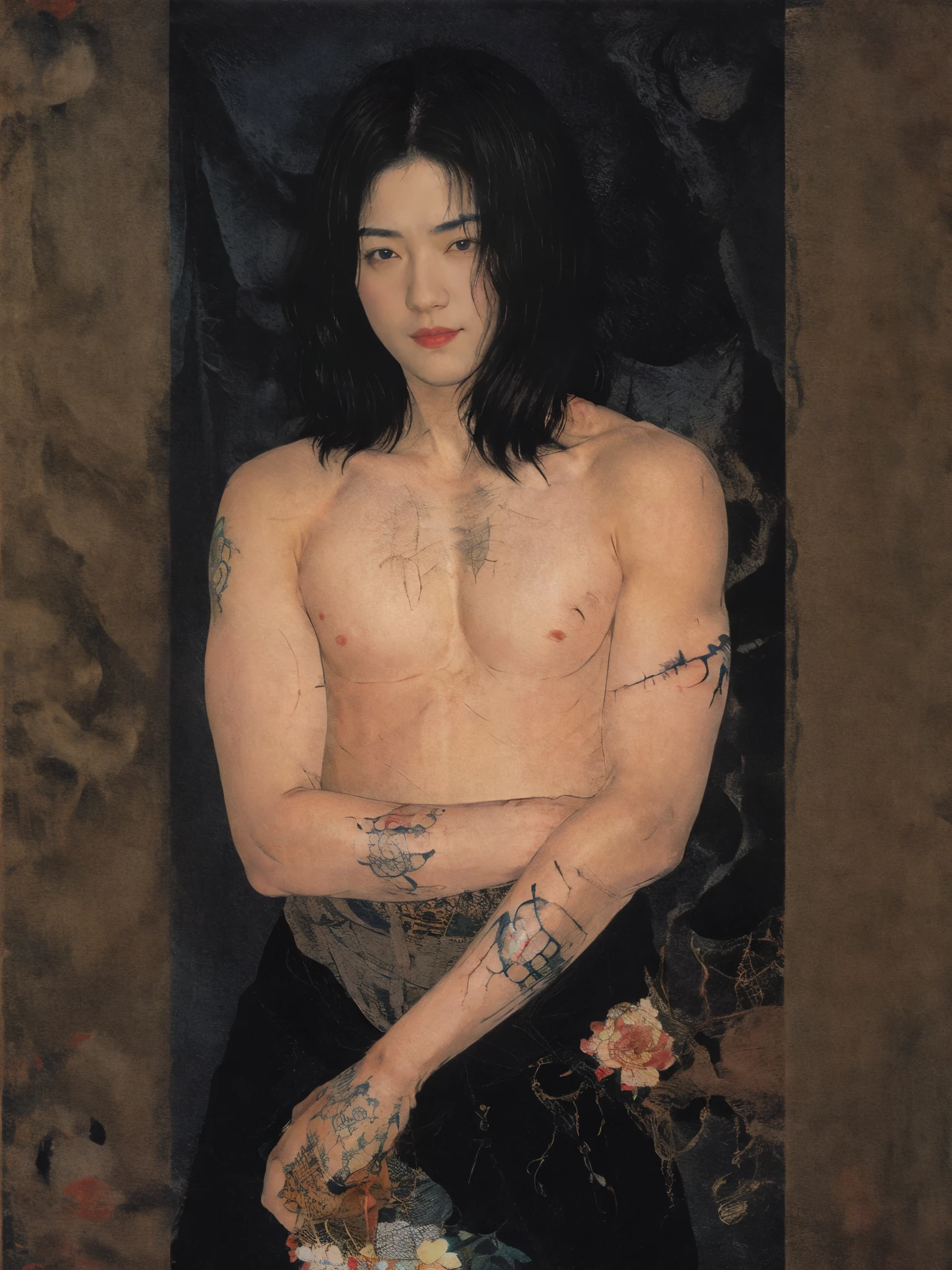 best quality,masterpiece,Ultra-high resolution,1 male,looking at the audience,one,Yamamoto Takashi style,
Flower background,Abstract color patches,Good face,Handsome, Shirtless, t wears samurai armor, gloomy smile, Masculine, muscle, tattoo