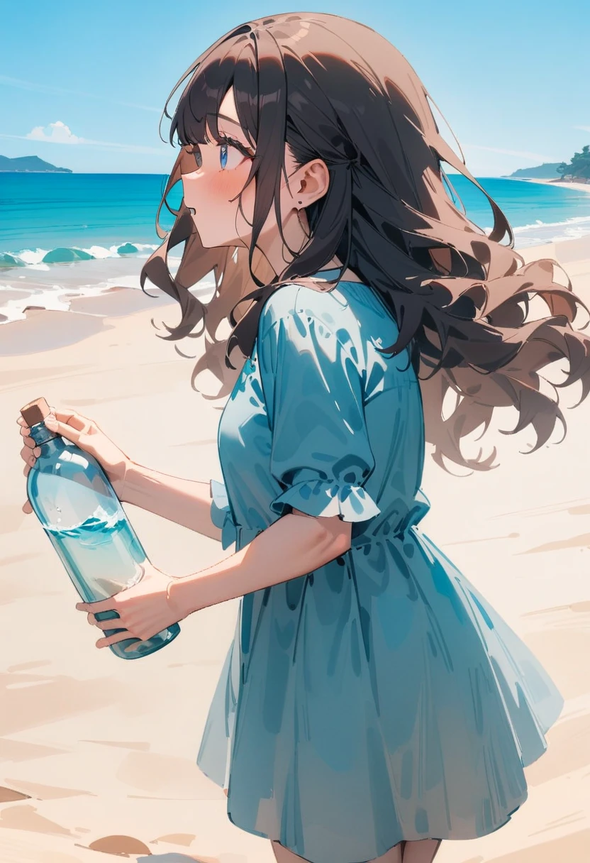masterpiece, best quality, very aesthetic, absurdres, newest, 1girl, solo, young, brown hair, wavy hair, long hair, blue eyes, looking forward, hopeful yet anxious expression, casual clothing, standing,holding a Empty bottle, side view, sandy beach, clear sky, gentle sea waves, message in a bottle, sunny day