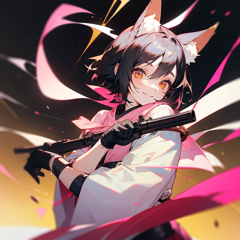 female, a girl, happy, smiling, pale skin, golden eyes, black hair, side tail, slim, gloves, pink muffler, japanese clothes, with a gun, with animal ears, with fox ears, cute, short hair tied back