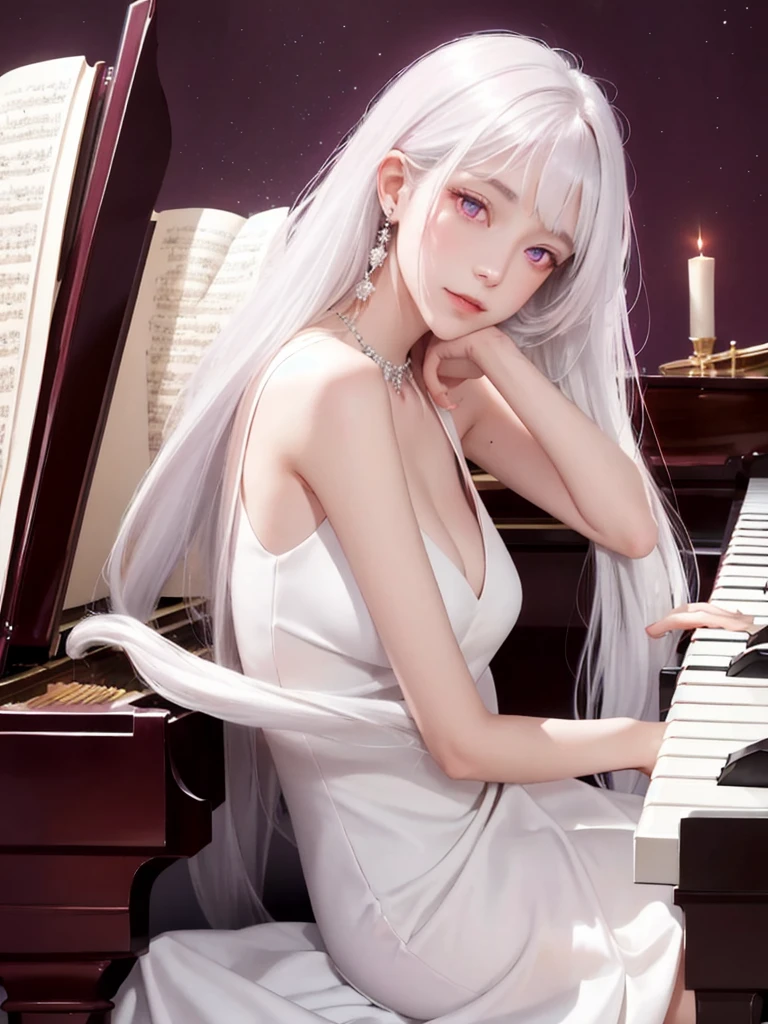 1girl, solo, long hair, piano, instrument, dark pink eyes, dress, white dress, white hair, looking at viewer, light particles, closed mouth, indoors, jewelry, sleeveless, bare shoulders, bangs, from side, head rest on piano, head tilt,perfect symmetrical body